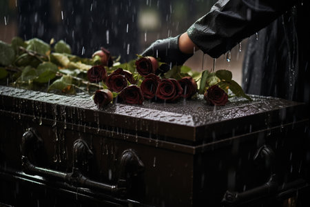 closeup of a casket with flowers in a cemetery under the rainの素材
