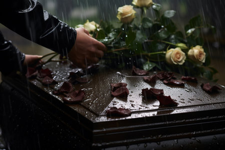 Close-up shot of a woman pouring rose petals on graveの素材