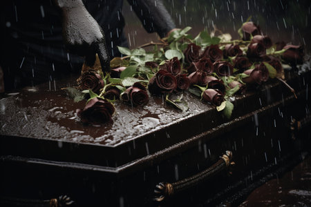 Casket with roses in the rain. Black and white photo.の素材