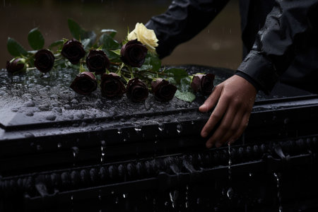 Close-up of a man's hand holding a bouquet of roses on a graveの素材
