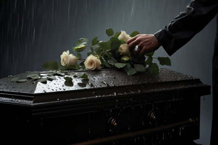 Close-up image of a man's hand placing a rose in a coffin.の素材