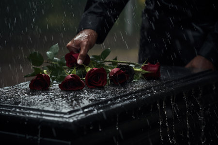 Man's hand holding red roses on the grave at cemetery under rainの素材
