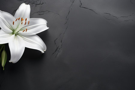 White lily on black background. Top view with copy space.の素材