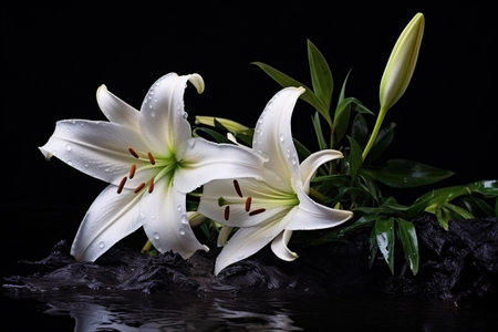 Beautiful white lily flowers on black background with water drops.の素材