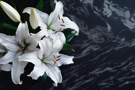 Beautiful white lily flowers on dark background. Flat lay, top view.の素材