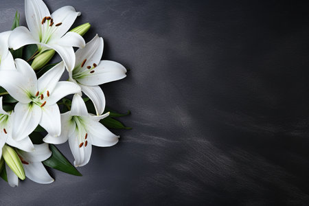 White lily flowers on black background. Top view with copy spaceの素材