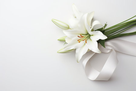 White lily with ribbon on white background, copy space for textの素材