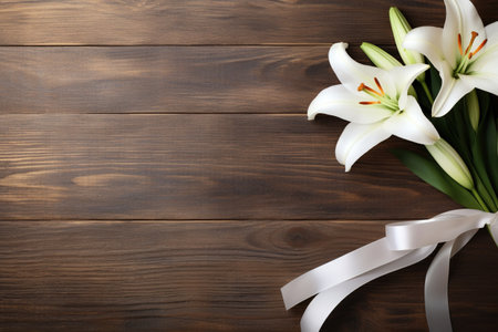 Beautiful lily flowers with ribbon on wooden background, top viewの素材