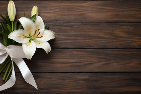 Beautiful lily flowers with ribbon on wooden background, top viewの素材