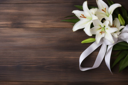 Bouquet of white lilies on a dark wooden background.の素材