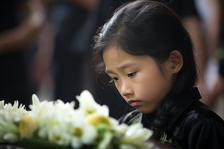 Portrait of a beautiful asian child girl in funeral ceremonyの素材