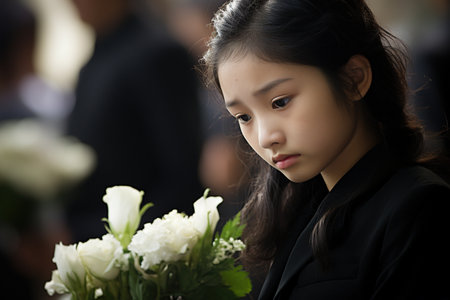 Beautiful asian woman with flowers bouquet at the funeral.の素材