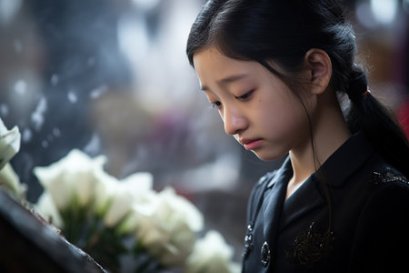 Little asian girl praying in a church with white flowers in the foregroundの素材