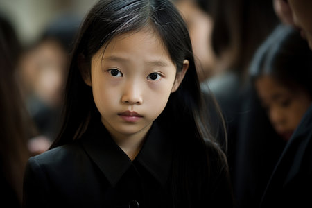 Portrait of a little Asian girl in school uniform looking at cameraの素材