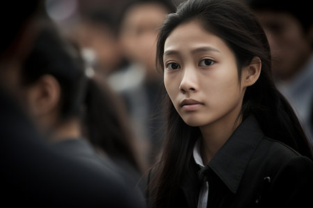 Portrait of beautiful asian woman in black coat on the streetの素材