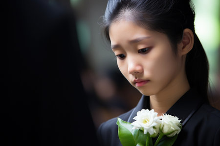 Beautiful asian woman with white flower in her hand, selective focusの素材