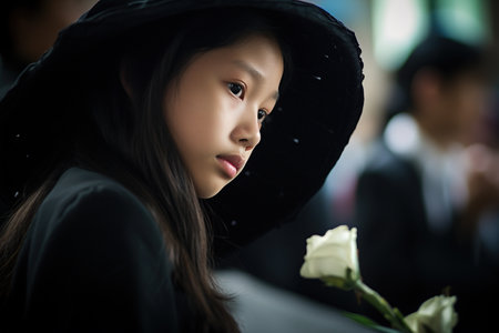 asian girl in black coat and hat with white rose in handの素材