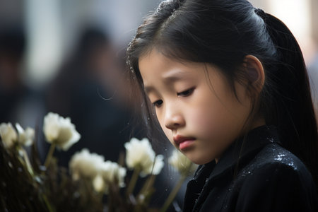 Portrait of a little asian girl with flowers in the cemeteryの素材