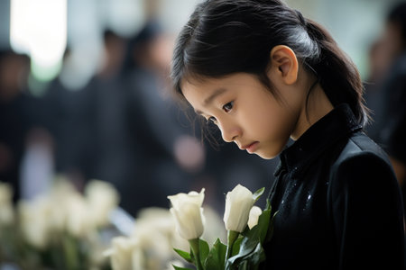 Little Asian girl with a bouquet of white tulips in her handsの素材