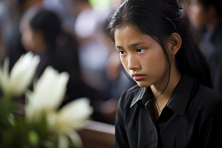 Young asian girl praying in a church. Focus on the eyes.の素材