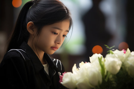 Portrait of asian girl with bouquet of flowers in cafe.の素材