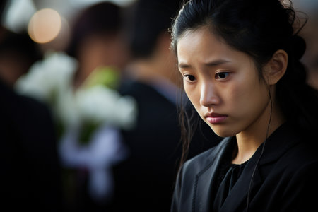 Portrait of a beautiful Asian woman wearing a black suit and looking at the cameraの素材