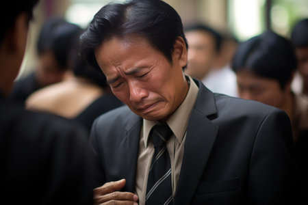 Portrait of a mature Asian business man crying in the office.の素材