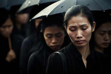 group of asian women with black umbrellas in the rainの素材