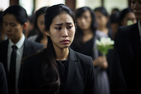 Asian business woman looking sad and depressed with crowd of people in backgroundの素材