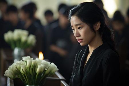 Asian woman praying in the church with candles in the foreground and blurred backgroundの素材