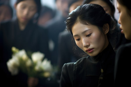 Asian woman in mourning at a funeral,  shallow depth of fieldの素材