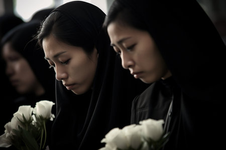 Asian women mourning in a church with white flowers, funeral concept.の素材