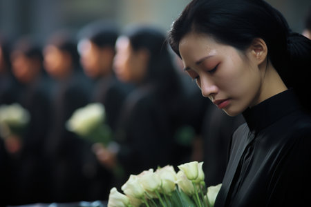 Asian woman with flowers at the funeral of the dead in the cemeteryの素材