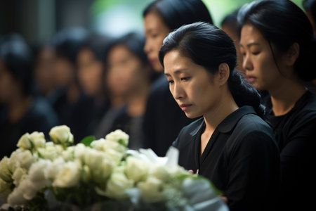 Group of asian people mourning the dead in funeral ceremony at cemeteryの素材