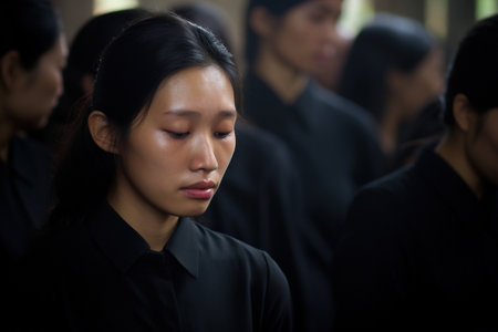 Portrait of a beautiful Asian woman in black dress in a templeの素材