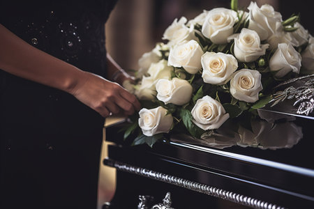 close up of a woman's hand placing a wedding bouquet on a pianoの素材