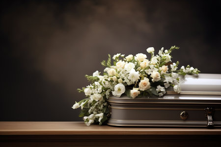 Casket with flowers on wooden table against dark background, funeral conceptの素材