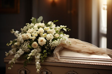 Beautiful wedding bouquet on coffin in church, closeup viewの素材