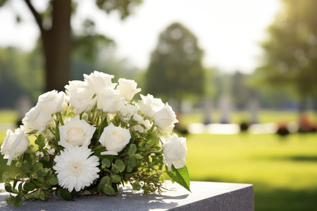 Beautiful bouquet of white roses on grave in park, closeupの素材
