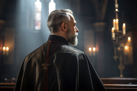 Profile view of a priest in a church lit by the evening sunの素材