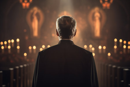 Rear view of a man in a black robe standing in front of the churchの素材