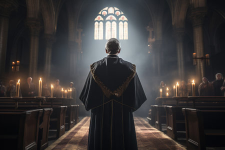 Rear view of a priest standing in a church, looking into the distanceの素材