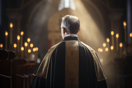 Rear view of a priest looking at the altar in a churchの素材