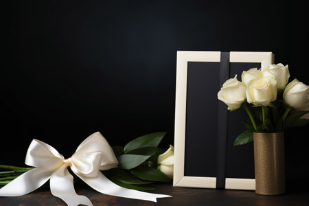 White roses with blank photo frame on wooden table and black background.の素材