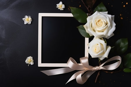 White roses with blackboard on black background. Flat lay, top viewの素材