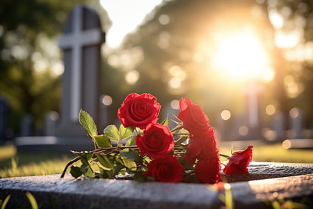 Red roses on grave in cemetery at sunset, shallow depth of fieldの素材