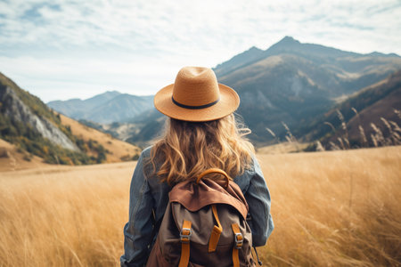 Young woman traveler with backpack and hat standing on top of the mountain and looking at the valleyの素材