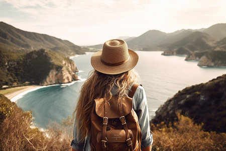 A girl with a backpack and a hat is standing on the edge of a cliff and looking at the sea.の素材