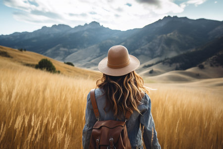 Back view of young woman traveler with backpack walking in golden wheat field.の素材