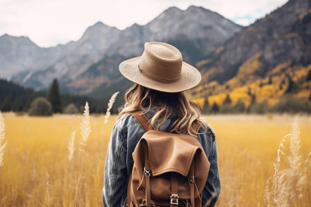 A girl in a hat with a backpack on the background of the mountains.の素材